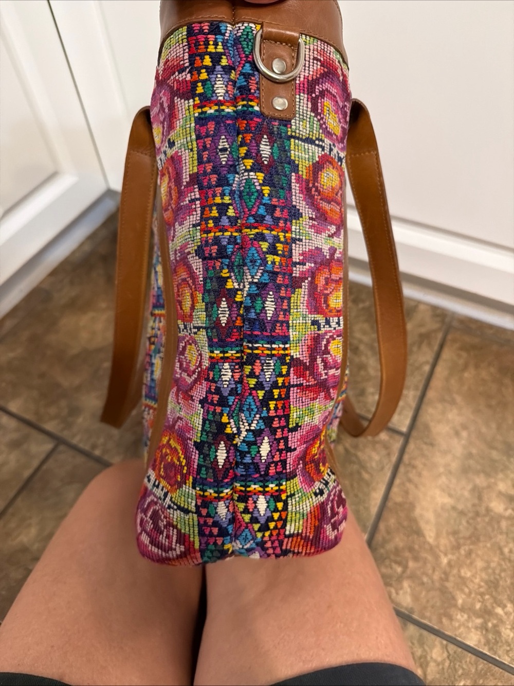 Handmade Guatemalan Fabric And Leather Tote Shoulder Nena Huipil - Picture 10 of 12
